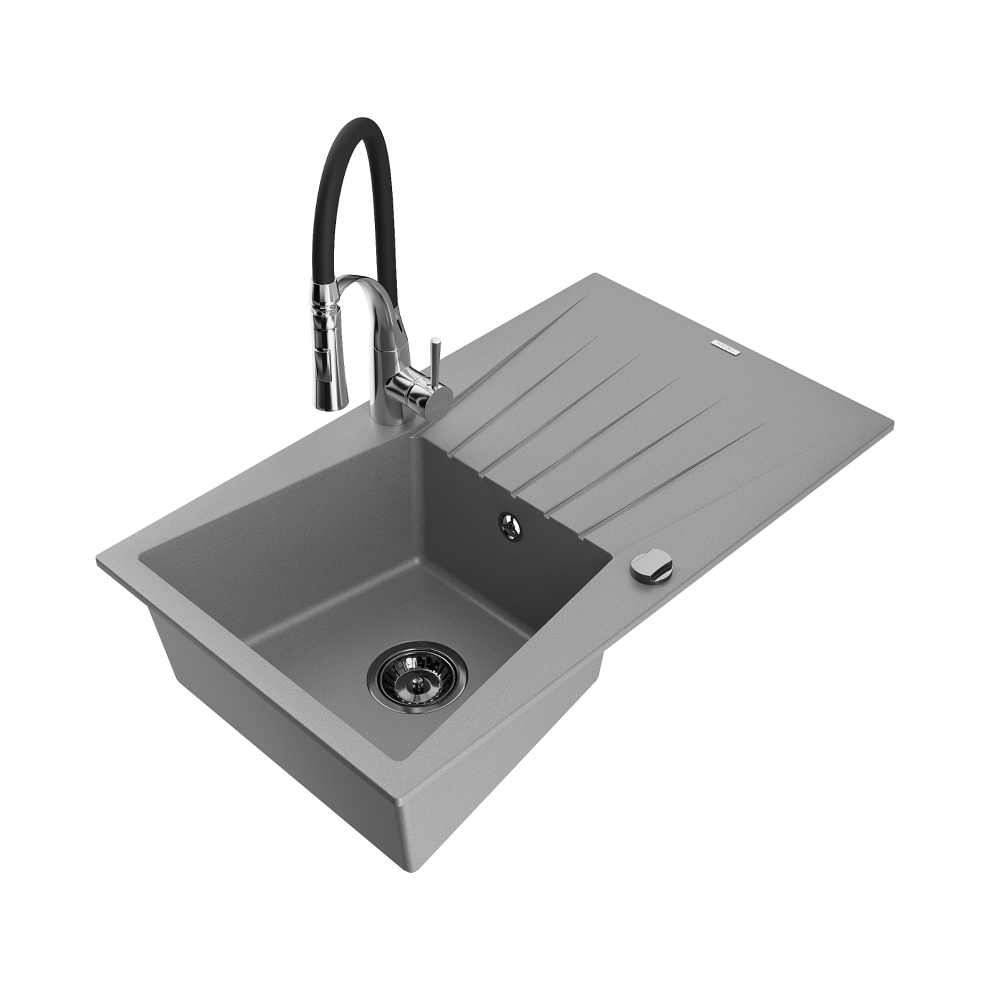 Mexen Cesar 1-Miskový Granitový DřEz S OdkapáVačEm A KuchyňSkou Baterií Aster, ŠEdá - 6514-71-73450-07-B-image