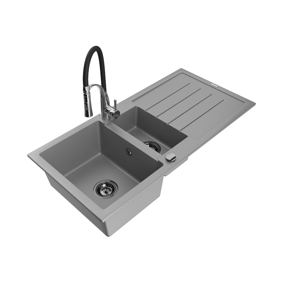 Mexen Andres 1,5-Miskový Granitový DřEz S OdkapáVačEm A KuchyňSkou Baterií Aster, ŠEdá - 6515-71-73450-07-B-image