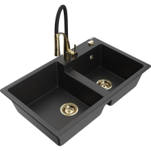 Mexen Tomas 2-Becken-Granitspüle mit Mischbatterie Aster, Schwarz/Silbermetallic - 6516-73-73450-57-G