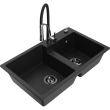 Mexen Tomas 2-Becken-Granitspüle mit Mischbatterie Aster, Schwarz - 6516-77-73450-07-B