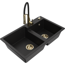 Mexen Tomas 2-Becken-Granitspüle mit Mischbatterie Aster, Schwarz - 6516-77-73450-57-G