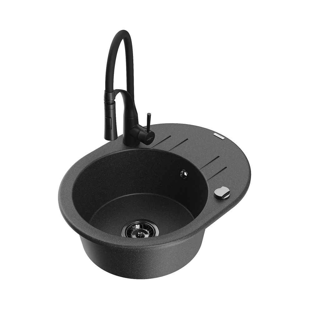 Mexen Kevin 1-Miskový Granitový DřEz S OdkapáVačEm A KuchyňSkou Baterií Aster, Skvrnitá čErná - 6517-76-73450-70-B-image