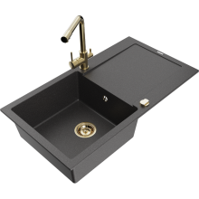 Mexen Leo 1-medencés gránit mosogató edényszárítóval és konyhai csapteleppel Duero, Fekete foltos - 6501-76-671600-50