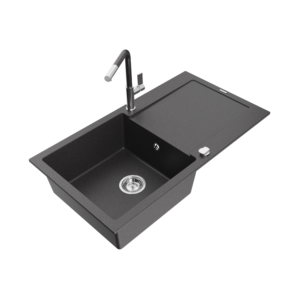 Mexen Leo 1-Miskový Granitový DřEz S OdkapáVačEm A KuchyňSkou Baterií Flora, ČErná/Zlatá Kovová - 6501-76-670401-08-image