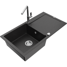 Mexen Leo chiuvetă granitică 1-cameră cu scurgător și baterie bucătărie Flora, negru/argintiu metalic - 6501-73-670401-00