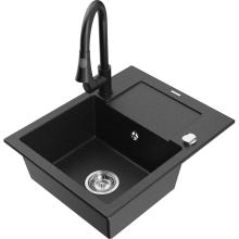 Chiuvetă granit Mexen Enzo cu 1 compartiment, picurător și robinet bucătărie Elia, negru/metalizat argintiu - 6506-73-670101-70