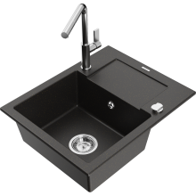 Chiuvetă granit Mexen Enzo, 1 compartiment, cu scurgător și baterie bucătărie Flora, negru/auriu metalic - 6506-75-670401-00