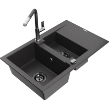 Mexen Gaspar chiuvetă granit 1,5-camere cu picurător și baterie Flora, negru înspicat - 6507-76-670401-08-B