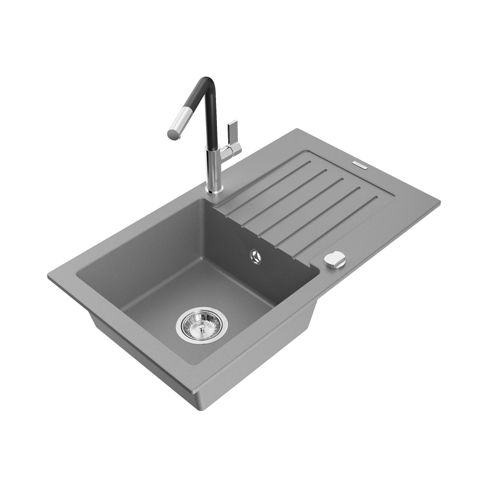 Mexen Pablo 1-Miskový Granitový DřEz S OdkapáVačEm A KuchyňSkou Baterií Flora, ŠEdá - 6510-71-670401-07-image