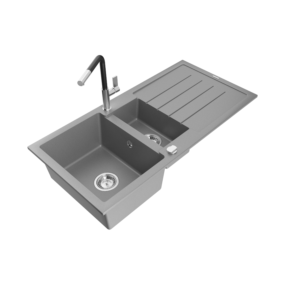 Mexen Andres 1,5-Miskový Granitový DřEz S OdkapáVačEm A KuchyňSkou Baterií Flora, ŠEdá - 6515-71-670401-07-image