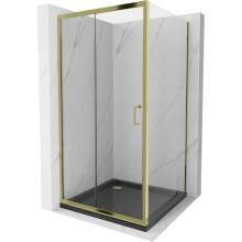 Mexen Apia rohová sprchová kabína 90 x 90 cm, transparentná, zlatá + sprchová vanička Flat, čierna - 840-090-090-50-00-4070G