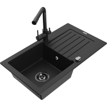 Mexen Pablo 1 Becken-Granitspüle mit Abtropffläche und Mischbatterie Duero, Schwarz - 6510-77-671600-70-B