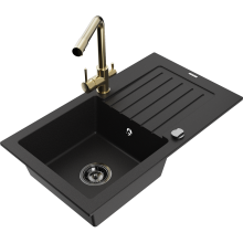 Mexen Pablo 1 Becken-Granitspüle mit Abtropffläche und Mischbatterie Duero, Schwarz - 6510-77-671600-50-B