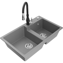 Mexen Tomas 2-Becken-Granitspüle mit Mischbatterie Savita, Grau - 6516-71-672601-70