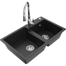 Mexen Tomas 2-Becken-Granitspüle mit Mischbatterie Savita, Schwarz/Silbermetallic - 6516-73-672601-00