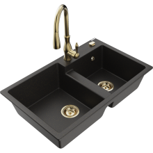 Mexen Tomas 2-Becken-Granitspüle mit Mischbatterie Savita, Schwarz/Gold metallisch - 6516-75-672601-50