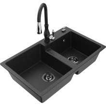 Mexen Tomas 2-Becken-Granitspüle mit Mischbatterie Savita, Schwarz/Silbermetallic - 6516-73-672601-70-B