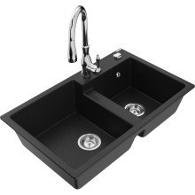 Mexen Tomas 2-Becken-Granitspüle mit Mischbatterie Savita, Schwarz - 6516-77-672601-00