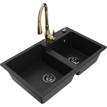 Mexen Tomas 2-Becken-Granitspüle mit Mischbatterie Savita, Schwarz - 6516-77-672601-50-B