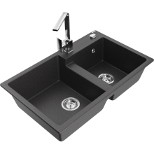 Mexen Tomas 2-Becken-Granitspüle mit Mischbatterie Rita, Schwarz gesprenkelt - 6516-76-670300-00