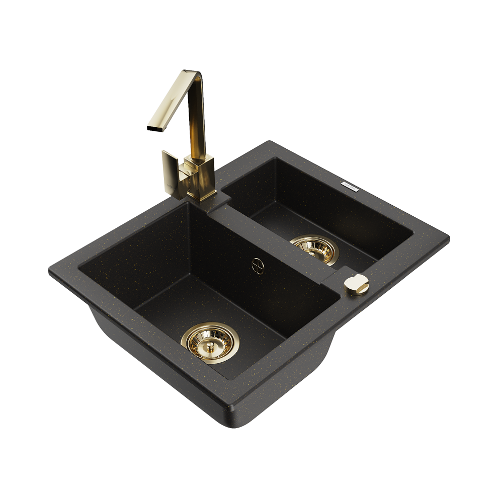 Mexen Carlos 1,5-Miskový Granitový DřEz S KuchyňSkou Baterií Rita, ČErná/Zlatá Kovová - 6518-75-670300-50-image
