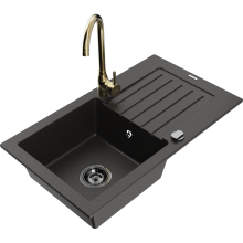 Mexen Pablo 1 Becken-Granitspüle mit Abtropffläche und Mischbatterie Telma, Schwarz/Gold - 6510-75-670200-50-B
