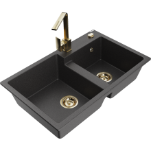 Mexen Tomas 2-Becken-Granitspüle mit Mischbatterie Rita, Schwarz gesprenkelt - 6516-76-670300-50
