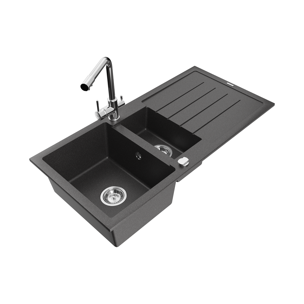 Mexen Andres 1,5-Miskový Granitový DřEz S OdkapáVačEm A KuchyňSkou Baterií Duero, Skvrnitá čErná - 6515-76-671600-00-image