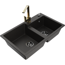 Mexen Tomas 2-Becken-Granitspüle mit Mischbatterie Rita, Schwarz/Gold metallisch - 6516-75-670300-50-B