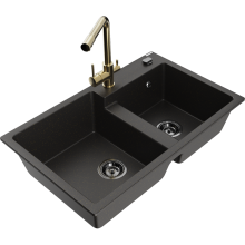 Mexen Tomas 2-Becken-Granitspüle mit Mischbatterie Duero, Schwarz/Gold metallisch - 6516-75-671600-50-B