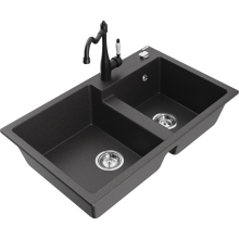 Mexen Tomas 2-Becken-Granitspüle mit Mischbatterie Carla, Schwarz gesprenkelt - 6516-76-670700-70