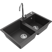 Mexen Tomas 2-Becken-Granitspüle mit Mischbatterie Telma, Schwarz gesprenkelt - 6516-76-670200-00