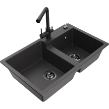 Mexen Tomas 2-Becken-Granitspüle mit Mischbatterie Duero, Schwarz gesprenkelt - 6516-76-671600-70-B