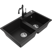 Mexen Tomas 2-Becken-Granitspüle mit Mischbatterie Carla, Schwarz - 6516-77-670700-70