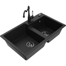Mexen Tomas 2-Becken-Granitspüle mit Mischbatterie Carla, Schwarz - 6516-77-670700-70-B