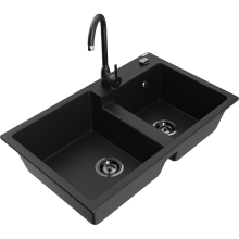 Mexen Tomas 2-Becken-Granitspüle mit Mischbatterie Telma, Schwarz - 6516-77-670200-70-B