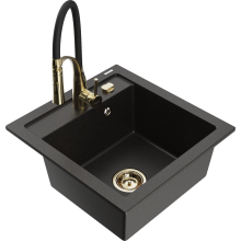 Mexen Vito 1-Becken-Granit-Spüle mit Mischbatterie Aster, Schwarz/Gold metallisch- 6503-75-73450-57-G