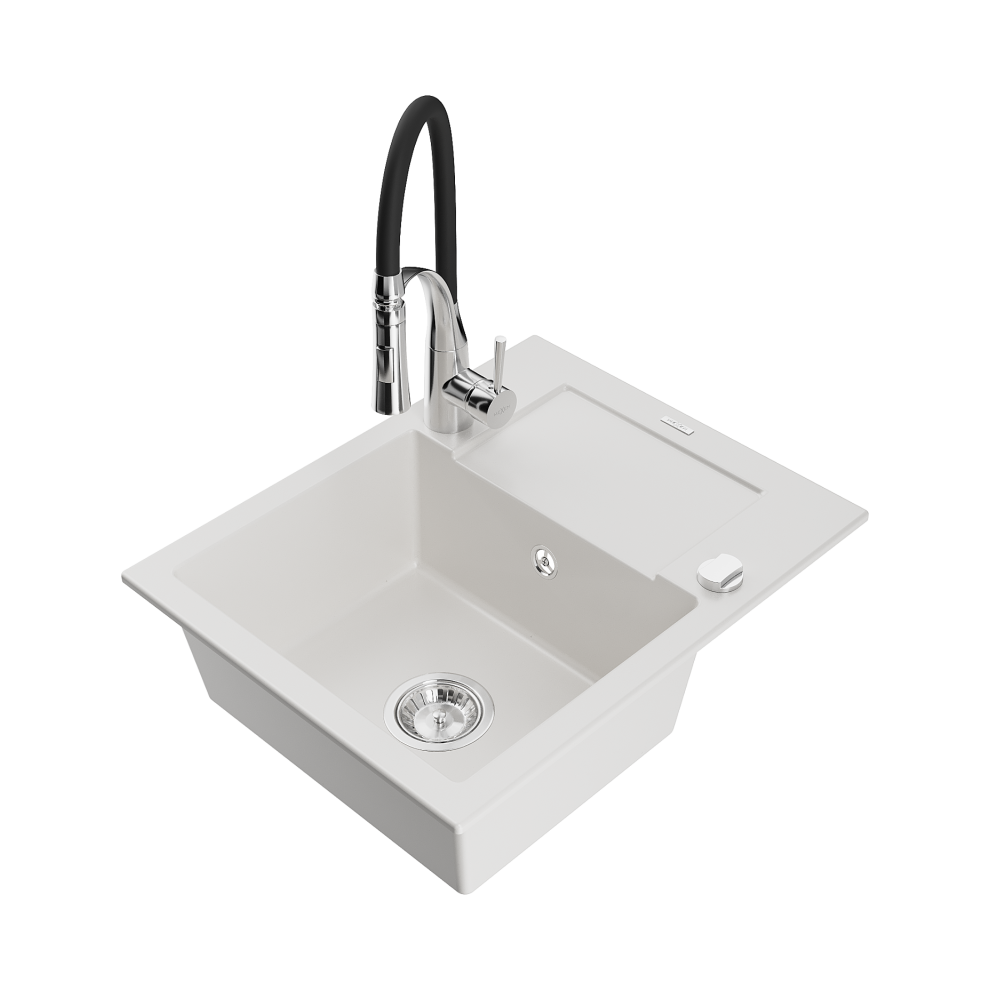 Mexen Enzo 1-Miskový Granitový DřEz S OdkapáVačEm A KuchyňSkou Baterií Aster, BíLá - 6506-20-73450-07-image