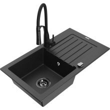 Mexen Pablo 1 Becken-Granitspüle mit Abtropffläche und Mischbatterie Aster, Schwarz/Silbermetallic - 6510-73-73450-70-B