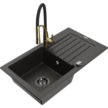Mexen Pablo 1 Becken-Granitspüle mit Abtropffläche und Mischbatterie Aster, Schwarz/Gold metallisch - 6510-75-73450-57-B
