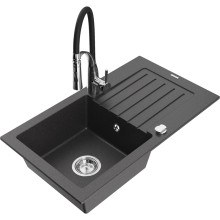 Mexen Pablo 1 Becken-Granitspüle mit Abtropffläche und Mischbatterie Aster, Schwarz gesprenkelt - 6510-76-73450-07