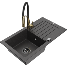 Mexen Pablo 1 Becken-Granitspüle mit Abtropffläche und Mischbatterie Aster, Schwarz gesprenkelt - 6510-76-73450-57-B