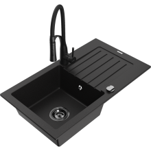 Mexen Pablo 1 Becken-Granitspüle mit Abtropffläche und Mischbatterie Aster, Schwarz - 6510-77-73450-70-B