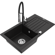 Mexen Pablo 1 Becken-Granitspüle mit Abtropffläche und Mischbatterie Aster, Schwarz - 6510-77-73450-07