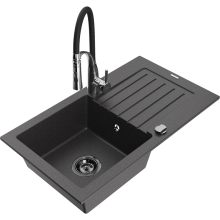 Mexen Pablo 1 Becken-Granitspüle mit Abtropffläche und Mischbatterie Aster, Schwarz gesprenkelt - 6510-76-73450-07-B
