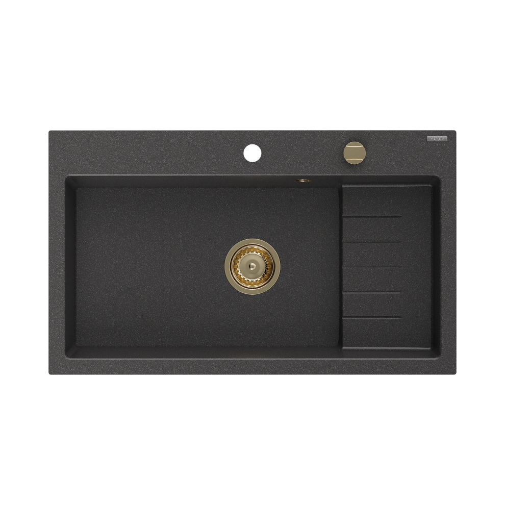 Mexen Omar Granitový DřEz 1-Komorový 800 X 480 Mm, čErný Skvrnitý, Zlatý Sifon - 6520801005-76-G-image