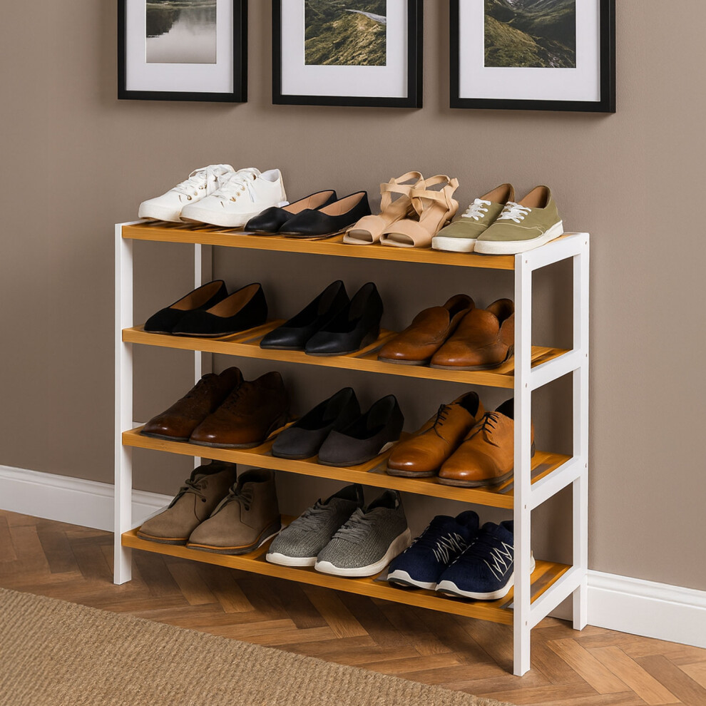 Neo White / Natural 4-Tier Bamboo Shoe Rack Wooden Shoe Storage Organiser Shelf For Hallway, Entrance Living Room White,Brown