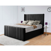 (King-5ft (With Gaslift), Black Plush) WINGED OTTOMAN PLUSH VELVET UPHOLSTERED BED FRAME WITH/WITHOUT STORAGE (Only Bed)