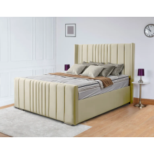(King-5ft (With Gaslift), Cream Plush Velvet) WINGED OTTOMAN PLUSH VELVET UPHOLSTERED BED FRAME WITH/WITHOUT STORAGE (Only Bed)