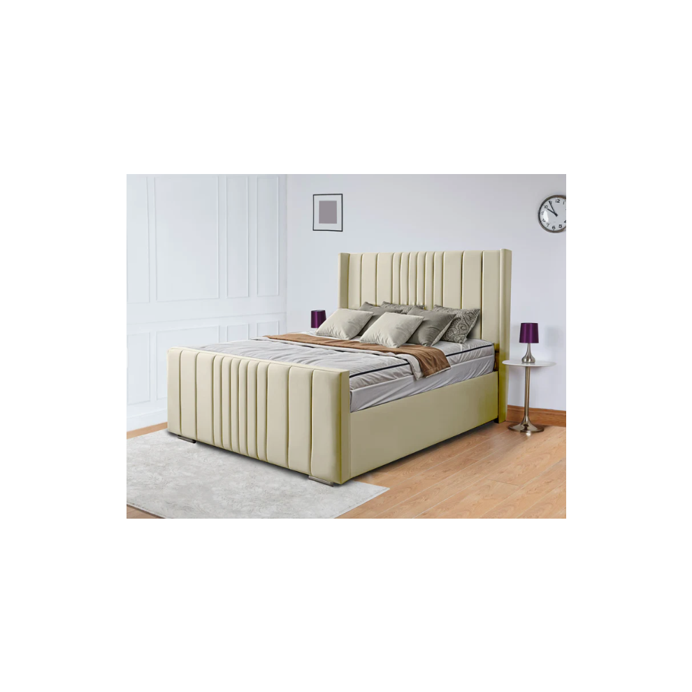 Photos - Bed , Cream Plush Velvet) WINGED OTTOMAN PLUSH VELVET UPHOLSTERED FRAME WITH/WITHOUT STORAGE (Only B(King-5ft (With Gaslift)